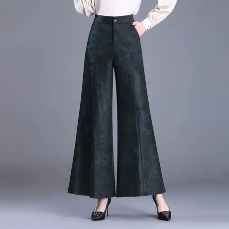 绿色印花阔腿裤中老年女裤子2023新款高腰宽松大脚裤坠感休闲长裤商品大图