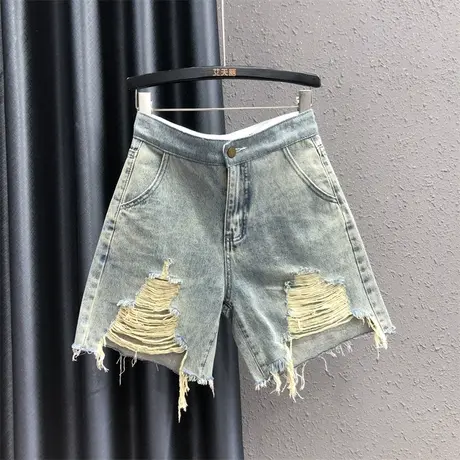 2023新款浅蓝色破洞乞丐裤宽松显瘦牛仔五分裤女夏高腰显瘦直筒裤商品大图