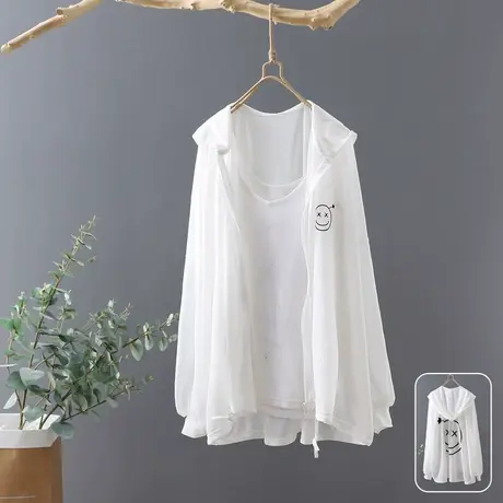 2023夏季新款短款连帽薄防晒衫女长袖笑脸印花外出防晒服短外套潮图片