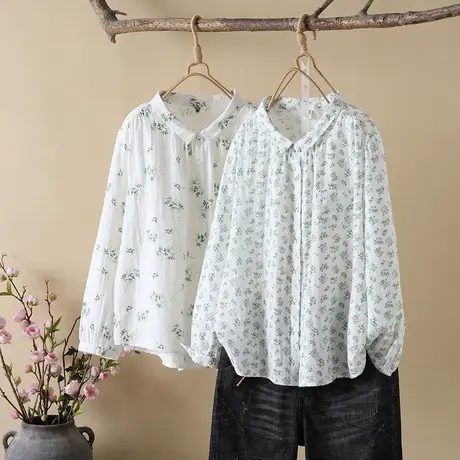 春秋季日系文艺宽松碎花印花文艺双层棉纱长袖打底衬衫女通勤气质图片