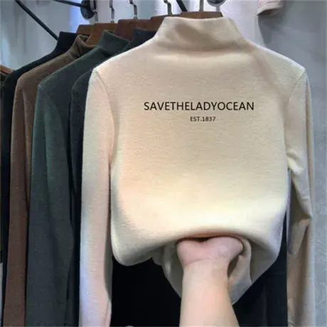 秋冬2023年半高领双面德绒百搭加绒洋气上衣加厚长袖内搭打底衫女商品大图