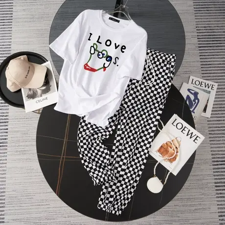 纯棉港风运动服套装女夏季宽松短袖长裤小个子时尚洋气休闲两件套图片