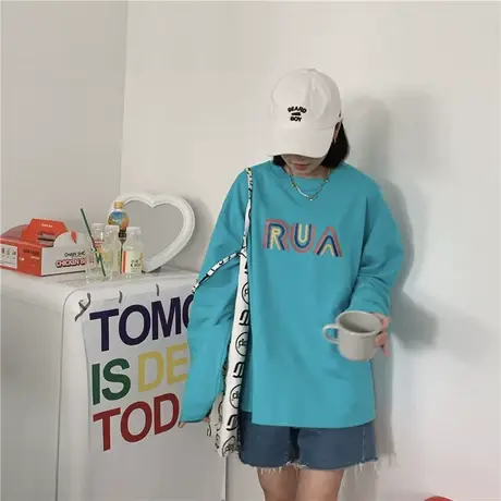 红续秋冬新款2020原宿风ulzzang韩版字母宽松纯棉长袖T恤女卫衣潮图片