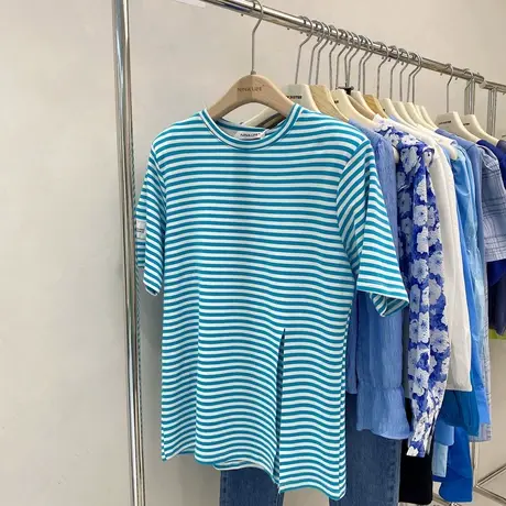 韩国东大门短袖t恤女夏2021新款中长款条纹开叉宽松显瘦ins上衣潮商品大图