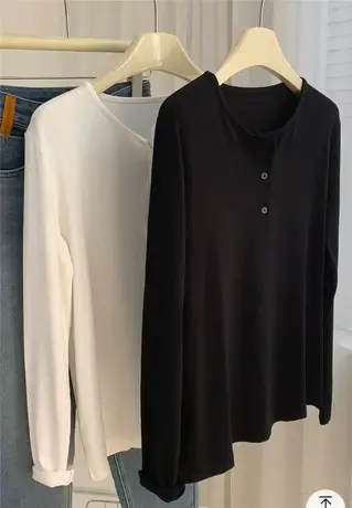 螺纹坑条长袖T恤打底衫女春季白色基础宽松内搭纽扣套头打底上衣商品大图