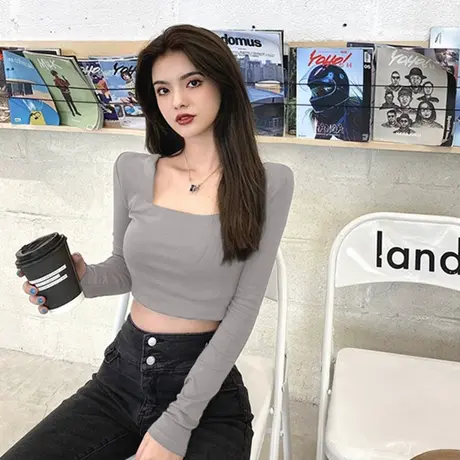 打底衫女装春秋季黑色短款长袖T恤早秋冬内搭紧身露脐上衣服潮ins图片