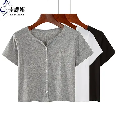 夏季新款韩版纯棉小宽松圆领开衫爱心刺绣纯色短袖体恤上衣短款女商品大图