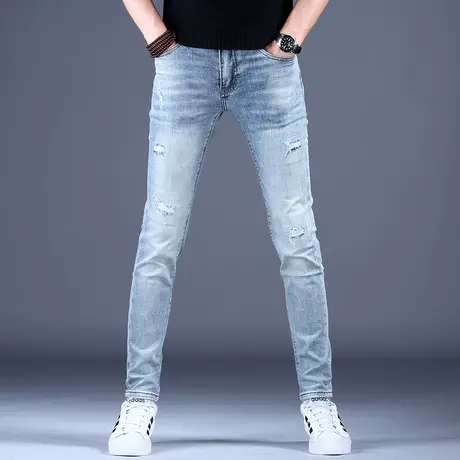 夏天破洞裤牛仔裤男款浅色休闲裤子2023新款弹力高端潮牌秋季潮流商品大图