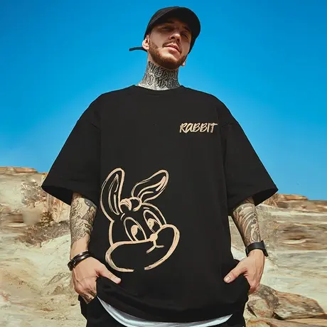 oversize美式潮牌胖子男装大码国潮嘻哈宽松重磅短袖T恤潮流半袖商品大图