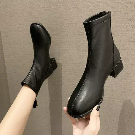 黑色马丁靴女英伦风2023秋冬季新款百搭弹力瘦瘦靴中筒粗跟短靴子商品大图