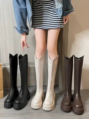 白色长筒靴女2023新款秋季厚底小个子长靴V口显瘦弹力高筒骑士靴图片