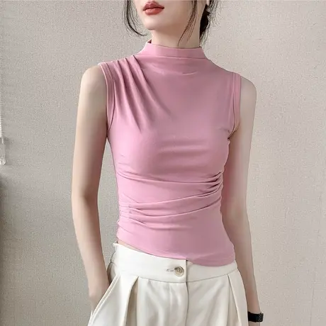 褶皱背心女秋季新款设计感修身T恤遮副乳内搭无袖半高领打底衫薄商品大图