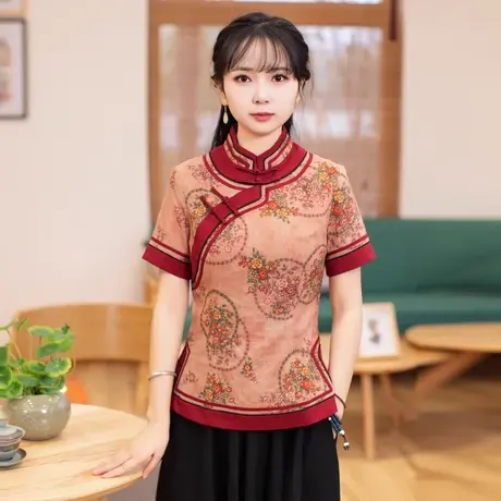 筠雅改良唐装上衣女夏款短袖改良版显瘦佛系复古中式禅意茶服素衣商品大图