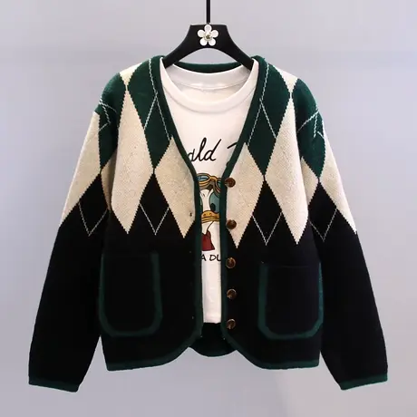 撞色菱形格毛衣外套女秋冬2023年新款复古宽松学院风外穿针织开衫图片