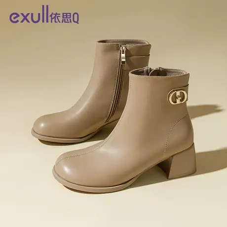 exull/依思Q粗跟短靴女2023年秋冬季金属扣英伦风潮流女子时装靴图片