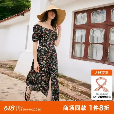 歌莉娅真丝连衣裙女夏季度假穿搭巨好看法式名媛风桑蚕丝碎花裙子图片