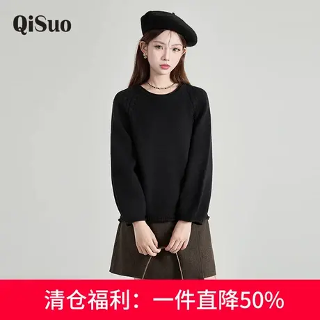 绮娑大码针织衫女装秋冬新款上衣显瘦胖MM长袖套头黑色毛衣上衣女商品大图
