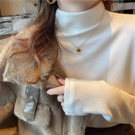 2023秋冬季新款白色内搭加绒德绒洋气半高领打底衫长袖t恤女上衣图片