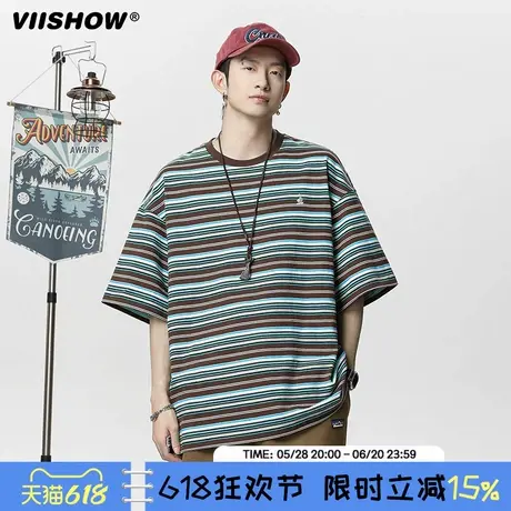 VIISHOW复古撞色条纹短袖T恤男夏季情侣休闲宽松美式复古半袖男商品大图
