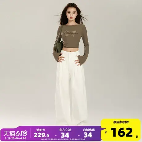 唐狮24秋冬美式复古高腰宽松阔腿裤褶皱设计感直筒白色牛仔裤女GT图片