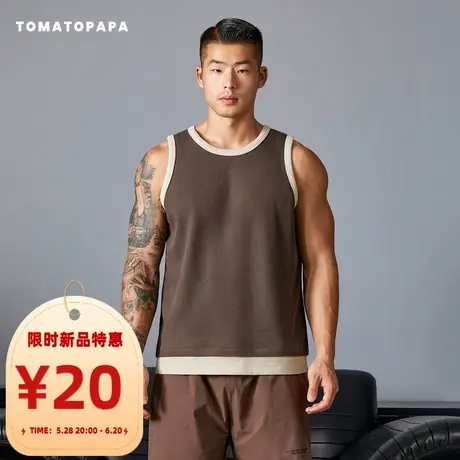 TOMATOPAPA复古背心拼接撞色宽松无袖T恤圆领时尚运动跑步针织衫商品大图