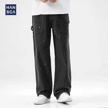 hansca泼墨直筒牛仔裤男秋季新款做旧水洗设计感青少年宽松长裤子商品大图