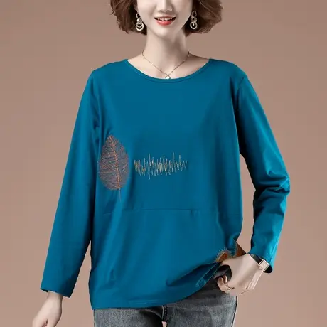 春秋加肥加大码女装长袖t恤宽松中年妈妈纯棉百搭刺绣显瘦打底衫商品大图