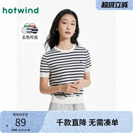热风针织衫短袖上衣2025年春季新款女士圆领针织衫韩系条纹上衣商品大图