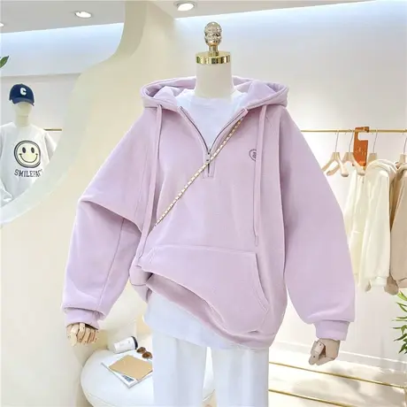 加厚刺绣加绒冬季保暖慵懒复古宽松百搭半开拉链连帽卫衣女外套潮图片