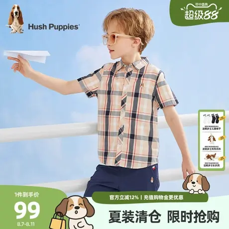 暇步士童装男童短袖衬衫夏季新款儿童翻领格纹上衣中大童休闲衬衣商品大图