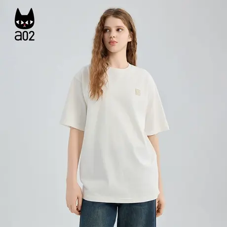 a02黑猫系列白色宽松圆领短袖T恤女2025秋季新款纯棉上衣通勤穿搭商品大图