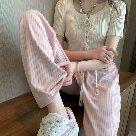 运动冰丝阔腿裤女2023夏季新款百搭韩版针织垂感直筒拖地长裤高腰商品大图