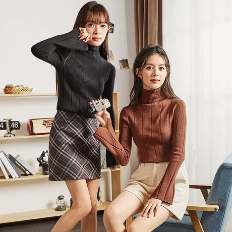 唐狮2024新款秋冬女毛织高领净色肌理喇叭袖内搭打底衫女修身显瘦商品大图