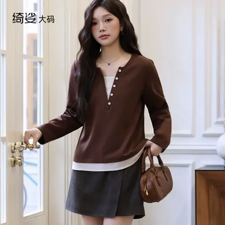 显瘦大码胖MM上衣女2024秋装新款气质V领套头假两件打底长袖T恤衫商品大图