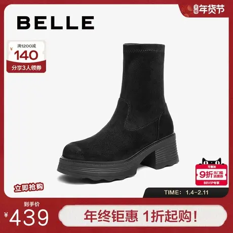 百丽女鞋子复古弹力靴女冬季新款加绒高跟显瘦瘦短靴子E5G2DDZ5图片