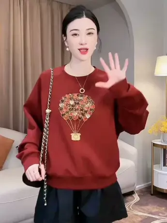 网红秋季新款镶钻卫衣女圆领长袖气质百搭宽松遮肉高端大气设计感商品大图