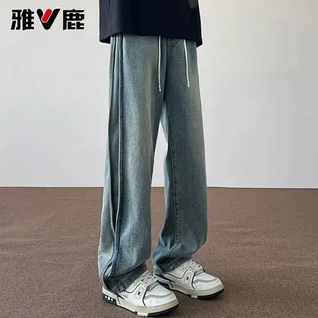 雅鹿宽松直筒设计感牛仔裤2026春季男青年时尚潮牌磨白高级感长裤图片
