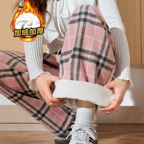 唐狮秋冬季新款女休闲裤加绒加厚直筒阔腿流行粉色格子裤WPTD图片