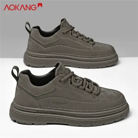 奥康新款男鞋秋季皮面休闲鞋男士厚底增高工装鞋潮鞋棕色耐磨板鞋商品大图