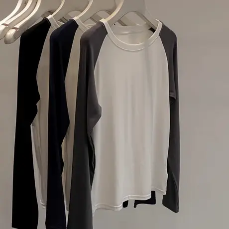 撞色插肩袖内搭打底衫女春秋季韩版修身显瘦百搭长袖T恤上衣潮ins商品大图