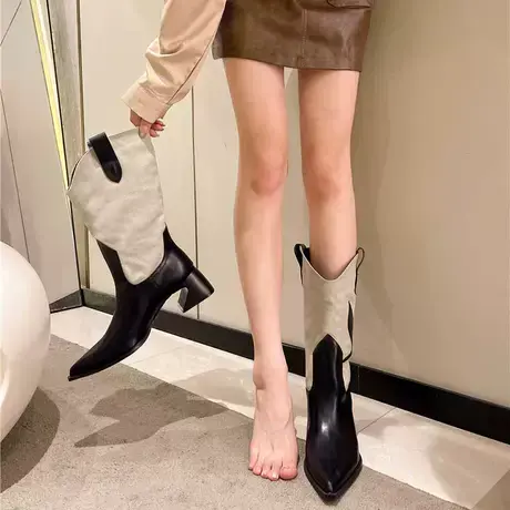 长筒靴女2023年春秋季新款网红法式显瘦西部牛仔靴粗跟尖头骑士靴图片