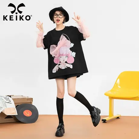keiko日系卡通印花t恤女2023春秋少女感粉色欧根纱泡泡袖时髦上衣图片