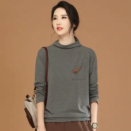 新品8.5折】堆堆领设计感撞色长袖打底衫女百搭T恤内搭厚图片