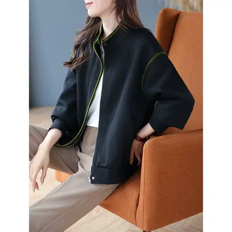 宝诗黎小立领丝绒包边短外套女拉链开衫2023秋季新款长袖休闲上衣商品大图