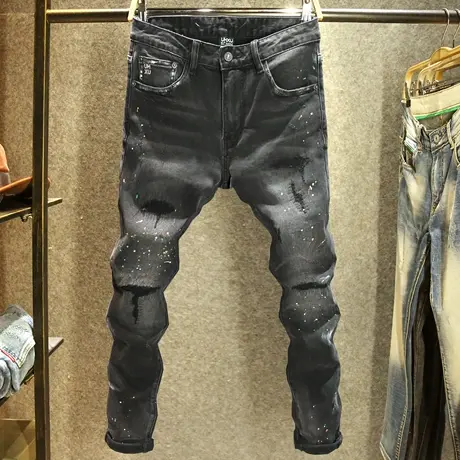潮男破洞针缝牛仔裤男修身小脚弹力裤子潮牌泼墨街头痞帅秋冬裤子图片