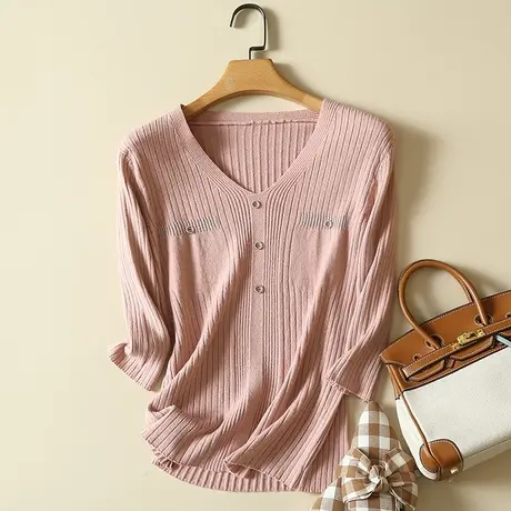 针织衫女V领上衣春装2023年新款七分袖打底衫春秋T恤薄款女内搭图片