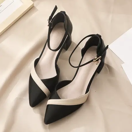 【真皮】包头凉鞋女2023新款夏季黑色外穿一字扣百搭时装中空单鞋商品大图