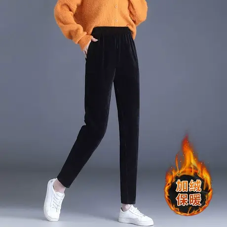 中年妈妈条绒萝卜裤子女秋冬季新款宽松加大码加绒直筒哈伦小脚裤商品大图