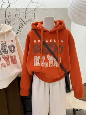 美式复古加绒宽松短款连帽卫衣女2023秋冬设计感小众保暖上衣外套商品大图