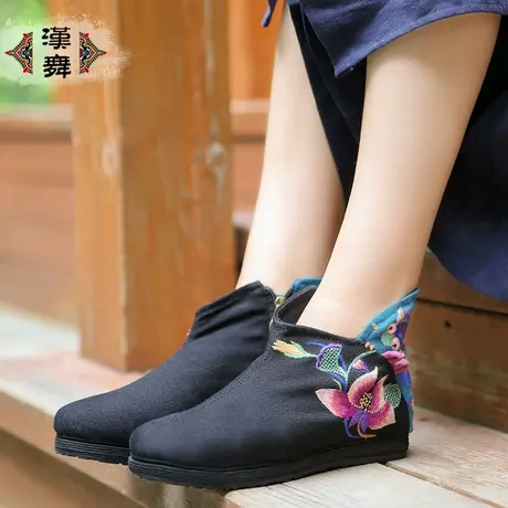 汉舞秋季民族风刺绣老北京布鞋高帮女鞋平底圆头绣花鞋游莲戏鲤商品大图